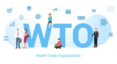 wto dünya ticaret organizasyonu konsepti büyük kelime veya metin ve modern düz stile sahip takım insanları - vektör