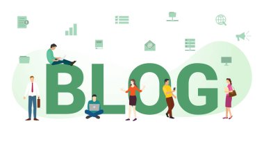 blog ya da blog teknolojisi kavramı büyük kelime ya da metin ve modern düz stile sahip takım insanları - vektör