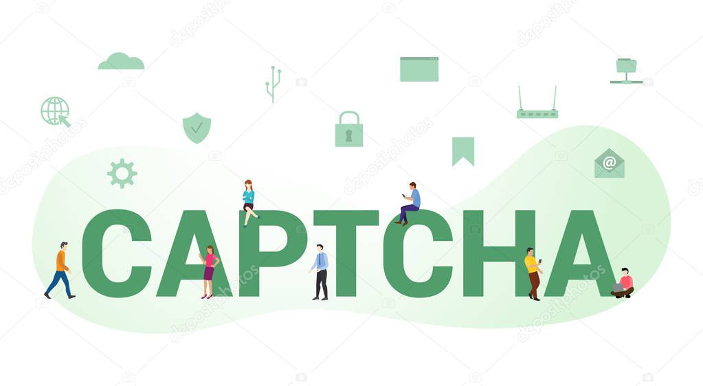 captcha security login concept with big word or text and team people with modern flat style - vector
