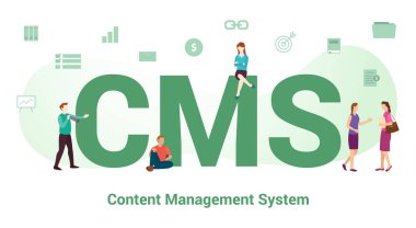 cms içerik yönetim sistemi kavramı büyük kelime veya metin ile ve modern düz biçimli takım insanları - vektör