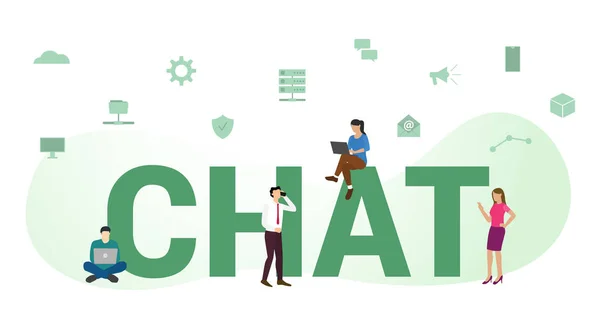 Chat o chat concepto de tecnología con gran palabra o texto y equipo de personas con estilo plano moderno - vector — Vector de stock