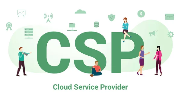 Csp bulut servis sağlayıcısı konsepti büyük kelime veya metin ve modern düz stile sahip takım insanları - vektör — Stok Vektör