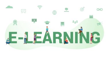 Büyük kelime veya metin ile e-öğrenme kavramı ve modern düz stile sahip takım insanları - vektör