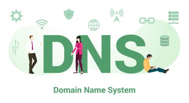 dns alan adı sistem kavramı büyük kelime veya metin ve modern düz stile sahip takım insanları - vektör