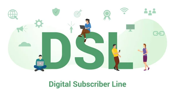 Dsl concetto di linea di abbonato digitale con grande parola o testo e persone di squadra con stile piatto moderno - vettore — Vettoriale Stock