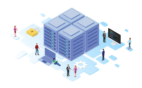 데이터 센터 또는 서버 실 처리 데이터 작업 보안 보호 및 isometric 디자인 스타일의 유지 보수와 함께 — 스톡 벡터