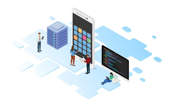Sviluppo di app mobili con linguaggio di programmazione e server con sviluppatore di team e stile di progettazione isometrico — Vettoriale Stock