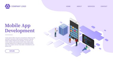 Mobil akıllı telefon web sitesi şablonuna sahip uygulama geliştirme veya izometrik biçimli ana sayfaya inme