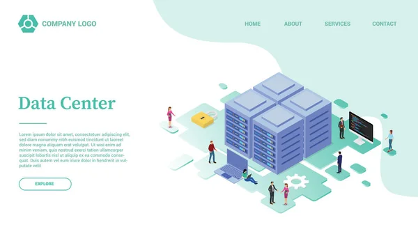 Data center or server service website template or landing homepage with isometric style — 스톡 벡터