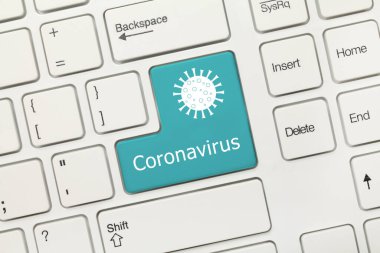 Beyaz kavramsal klavyeye yakın görünüm - Coronavirus (mavi tuş)
