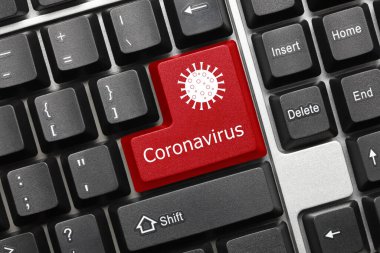 Siyah kavramsal klavyeye yakın plan görünümü - Coronavirus (kırmızı tuş)