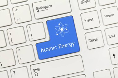 Beyaz kavramsal klavyeye yakın plan görünümü - Atom Enerjisi (mavi tuş)