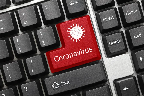 Siyah kavramsal klavyeye yakın plan görünümü - Coronavirus (kırmızı tuş)