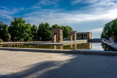 Madrid Templo de Debod ancient Egyptian temple spotlit panorama 