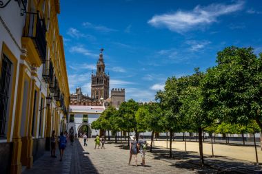 Seville ön planda insanlarla Giralda çan kulesi,