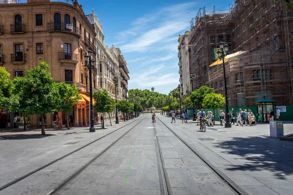 Rail lines on the street in Seville, Spain, Europe