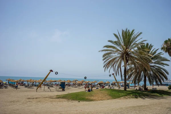 Hoog twin palmbomen langs het Malagueta-strand met volleybal c — Stockfoto