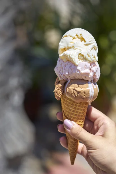 vanilya, çilek ve çikolata dondurma erime ve birlikte güneşin altında karıştırma