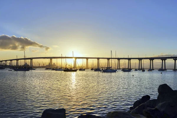 Bağlantılı tekneler güneşli San Diego'da erken sabah güneşi selamlıyorum — Stok fotoğraf