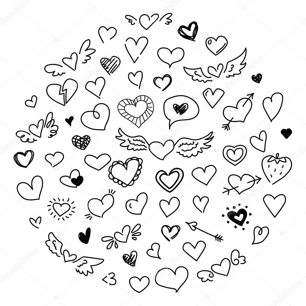 Cute doodle heart set. Love concept drawing design elements. Valentines day black sketch romantic symbols collection isolated on white background in handrawn style.