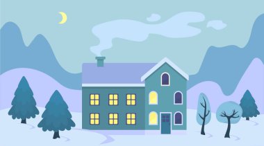 Kar manzarası illüstrasyonunda şirin bir noel evi. Kış manzarası, kasabanın dışını Noel ağacı ve dağlarla donatmış..