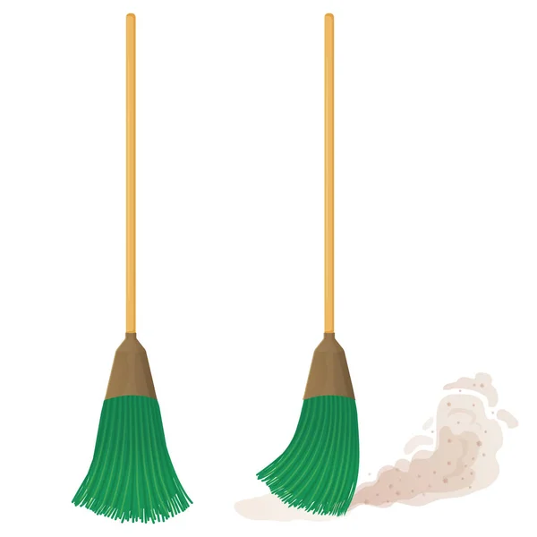 Cartoon plastic broom set. A broom sweeps dust and dirt. Household, cleaning services, housewives,concept. Equipment, tools for cleaning the element isolated on white background. Vector illustration. — ストックベクタ