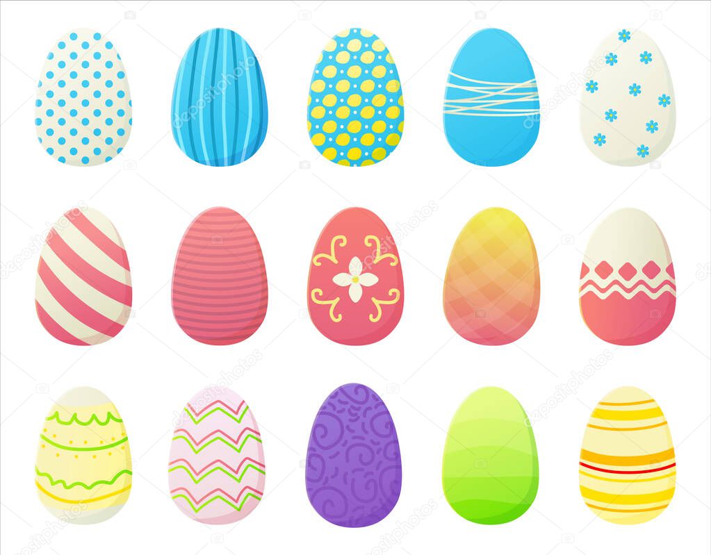 Cartoon Easter eggs set with different colorfur gradien paint,stripes, dots and patterns. Spring holiday concept in flat style. Stock vector illustration isolated on white background.