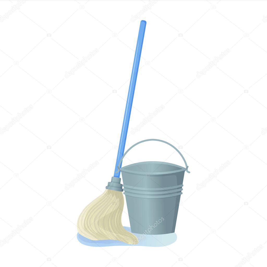Cartoon swab with bucket stock vector illustration. Mop wipes a puddle. Cleaning services, household concept. Equipment for housework elements isolated on white background.