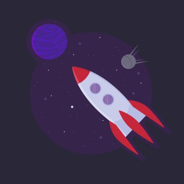 Space rocket ship into open space. Startup sucess concept. Stock vector illustration in flat style.
