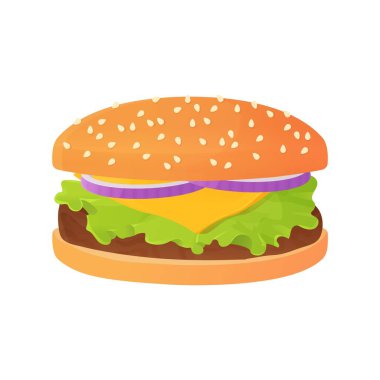 Delicious Cartoon cheeseburger with onion, and salad or lettuce, beef steak and bun with sesame.Fastfood concept. Unhealthy lunch. Stock vector illustration isolated on white background in flat style.