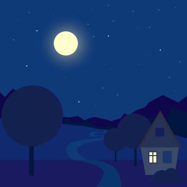 Çizgi film gecesi doğa manzarası. Patikanın yakınındaki kır evi. Gece mavisi gökyüzü. Stock vektör illüstrasyonunu düz şekilde yapın. Villiage arkaplanı.