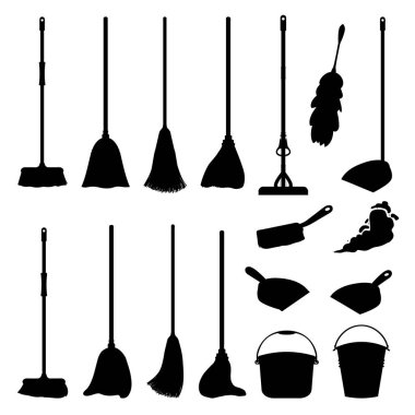 Cartoon household equipment set. A broom sweeps dust and dirt on scoop. mop or swab, feather duster, plastic bucket.Cleaning services, concept. Objects isolated white background. Stock vector. clipart