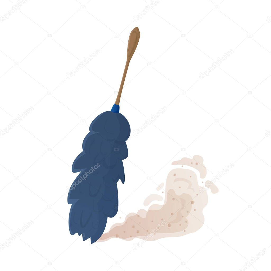 Cute cartoon ostrich feather duster sweep dust. Household, maid duties, cleaning services concept. Stock vector illustration isolated on white background.