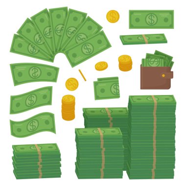 Para hazır. Dolarlar ve madeni paralar yığınla. Başarılar, ekonomi, finans, nakit konsept olarak kullanılabilir. Stok vektör illüstrasyonu beyaz arkaplanda izole edildi.