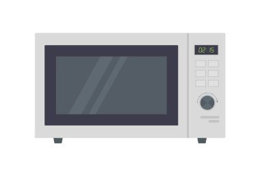 Mikrodalga klips sanatı. Yemek ekipmanları, elektrikli aletler, mutfak teknolojisi konsepti. Düz çizgi film tarzında beyaz arkaplanda izole edilmiş stok vektör illüstrasyonu.