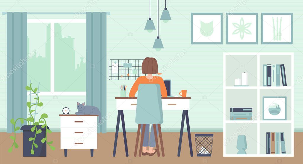 Yong woman sitting at a computer at home. Cozy interior. Home office, Working at home, freelance, remote work concept.Stock vector illustration.