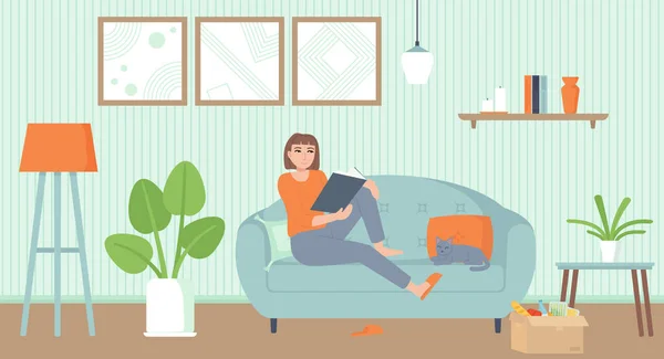 Unterhaltung zu Hause, Isolationshaft, Entspannungskonzept. Gemütliches Interieur Wohnzimmer mit einer Katze. Mädchen auf dem Sofa beim Lesen eines Buches. Aktienvektorillustration im Cartoon-Flach-Stil. — Stockvektor