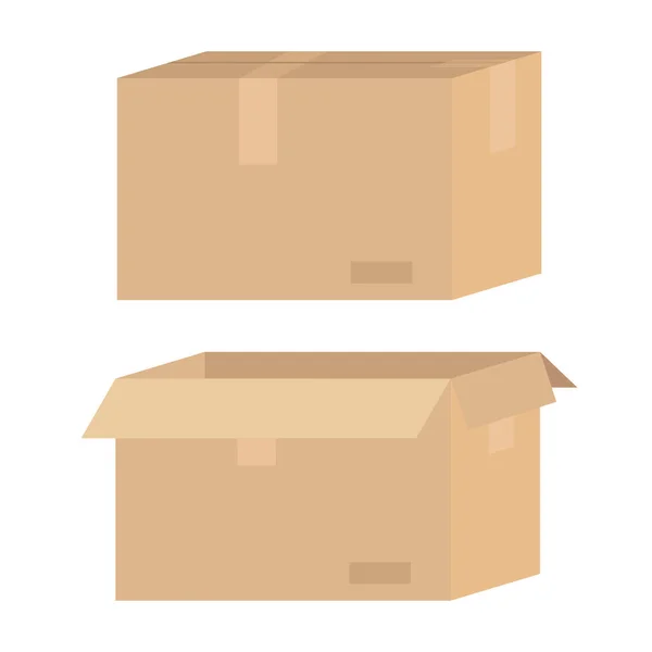 Caja de cartón marrón abierta y cerrada. Entrega, transporte, concepto de post. Stock ilustración vectorial aislado sobre fondo blanco en estilo plano de dibujos animados . — Vector de stock