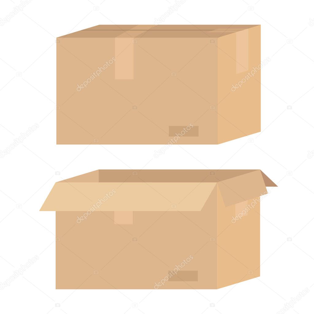 Brown cardboard box opened and closed. Delivery, transportation, post concept. Stock vector illustration isolated on white background in flat cartoon style.