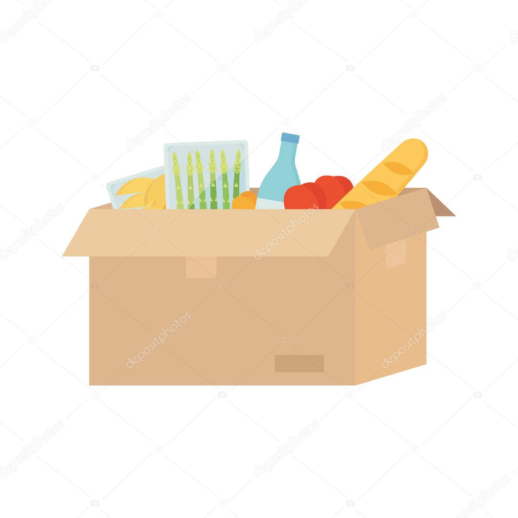 Open cardboard box with food, water, asparagus, baguette, tomato, mango. Food delivery, transportation, post concept. Stock vector illustration isolated on white background in flat cartoon style.