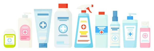 Handreiniger zoals lotion, dispencer, crème, spray, gel.Hygiëne, gezondheid, schone handen, medisch concept. Kan gebruikt worden voor web, app, UI. Voorraad vector illustratie geïsoleerd op witte achtergrond in plat — Stockvector