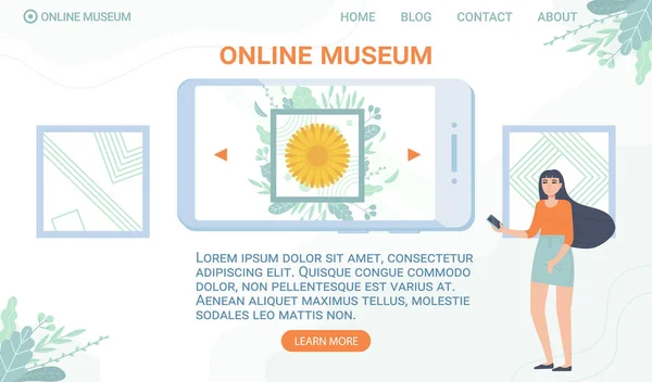 Online museum web banner sjabloon. Blijf thuis, interactieve galerij, vertonen digitale educatie, mobiele excursie, quarantaine entertainment concept. Stock vector illustratie in platte cartoon stijl. — Stockvector