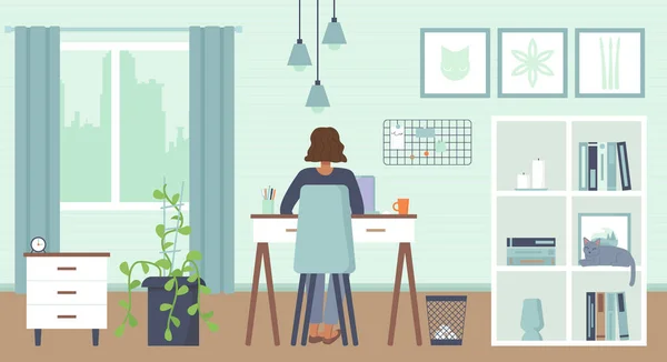 Evde dizüstü bilgisayarlı maskeli Afro-Amerikalı bir kadın oturuyor. İçerisi sıcacık. Merkez, evde çalışma, serbest çalışma, uzaktan çalışma, çevrimiçi eğitim, karantina covid-19 kavramı..