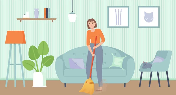 Yerleri süpüren kız. Ev işleri, ev işleri, temizlik, konsept. Düz çizgi film tarzında stok vektör illüstrasyonu.