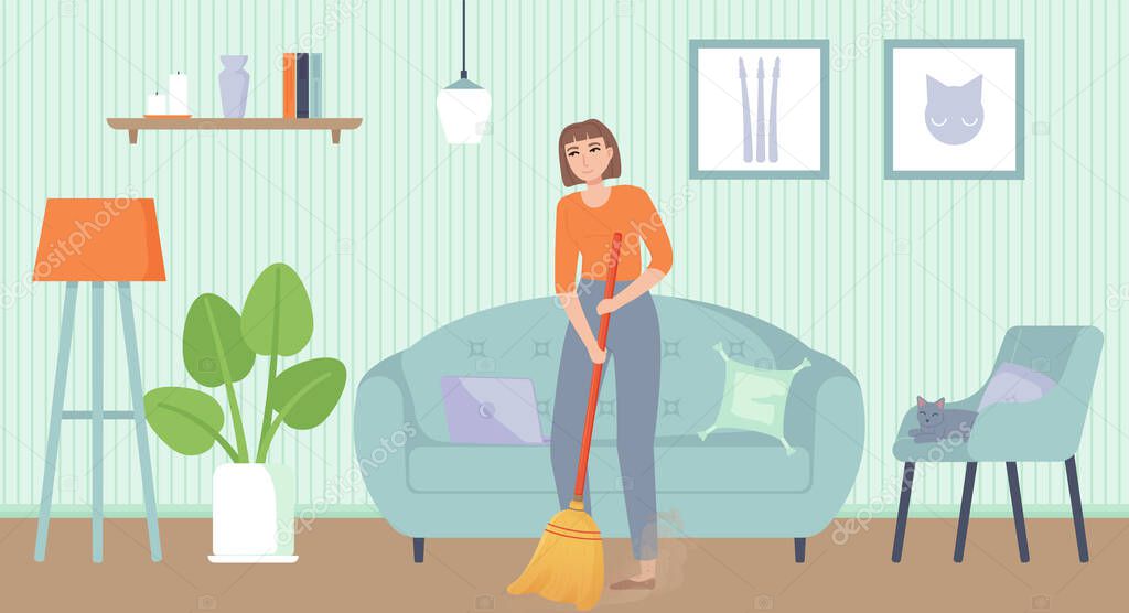 Girl sweeping floor. Home chores, household duties, cleaning, concept. Stock vector illustration in flat cartoon style.