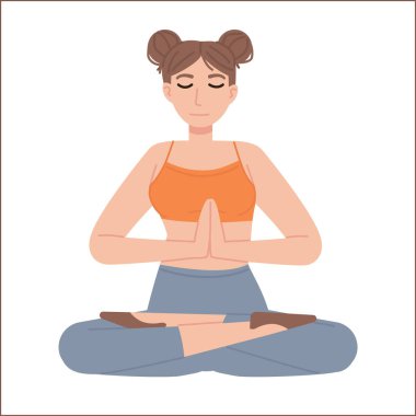 Lotus Asana 'da elleri birleşik ve gözleri kapalı tatlı bir kız. Meditasyon, akıl sağlığı, rahatlama, yoga, fitness, stres yönetimi konsepti. Beyaz arkaplanda izole edilmiş stok vektör illüstrasyonu