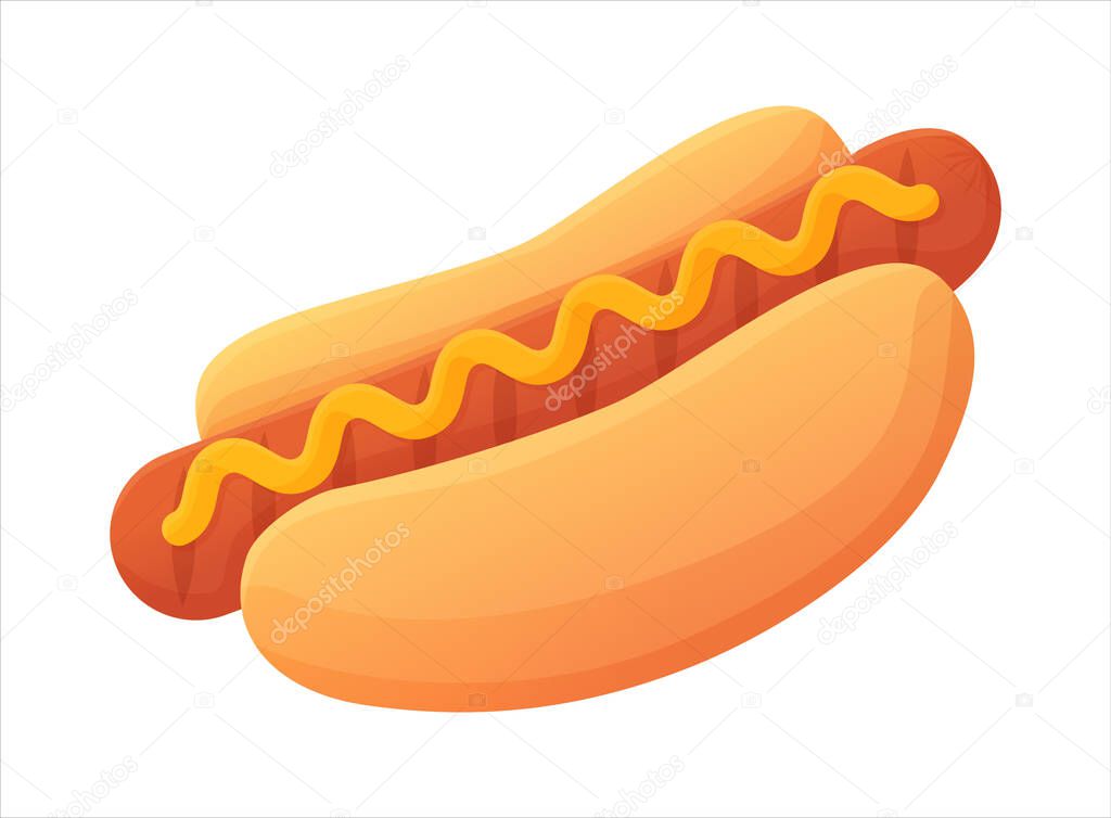 Tasty bright Hot Dog symbol. Grilled Sausage on bun with mustard. Fast food concept. Can be used for web, menu, banner. Stock vector illustration isolated on white bakground in flat cartoon style.