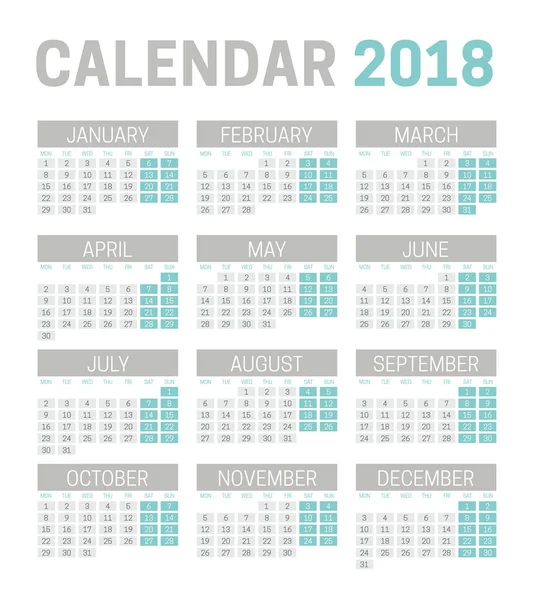 Beyaz arka plan üzerinde basit 2018 Takvim şablonu. 