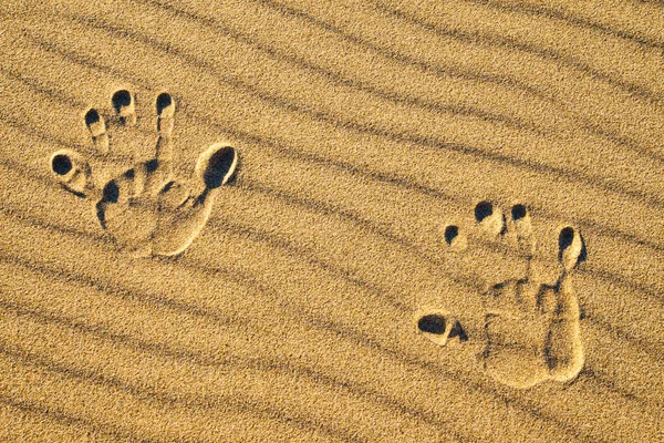 Отпечатки рук на песке на пляже — стоковое фото