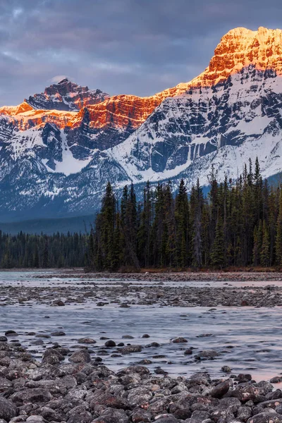 Mount Fryatt, és a Whirlpool csúcsa, napkeltekor Athabasca folyó — Stock Fotó